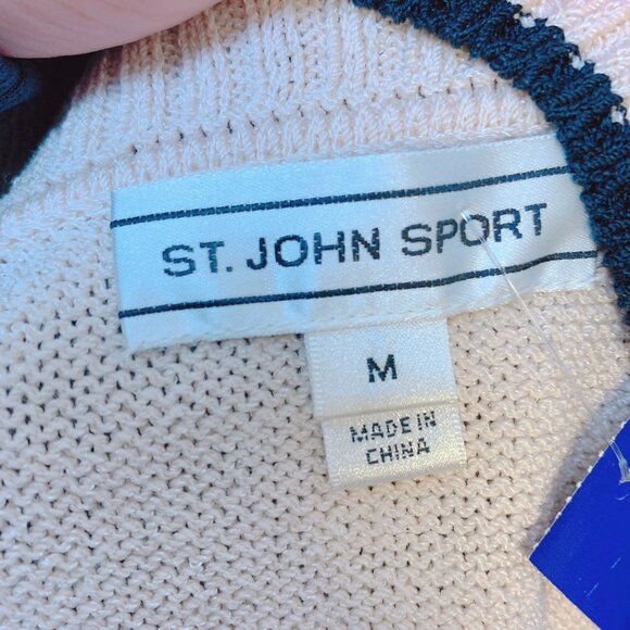 St. John Sport Cream Black Knit Cardigan Zipper Braided Sleeve Detail M - Picture 8 of 10